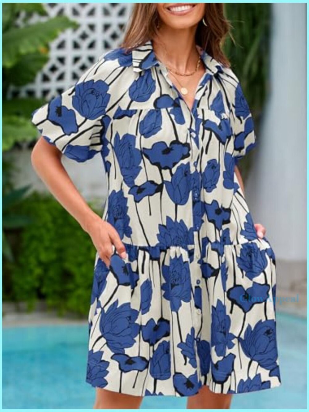Summer Button Down Shirt Dress Floral Puff Sleeve Loose Fit Mini - Picture 3 of 7